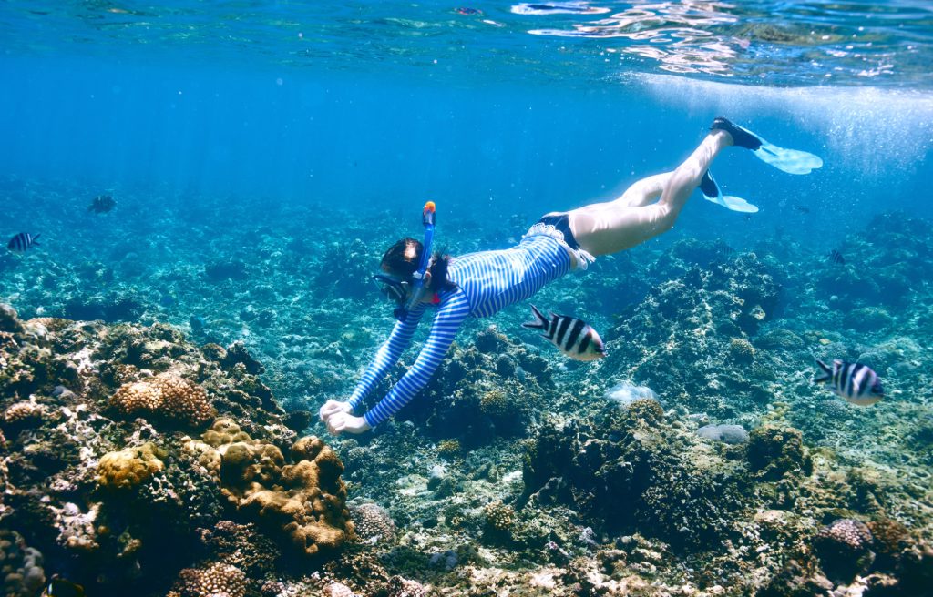 a woman is snorkeling in bali looking at the underwater scenery with the color of coral reefs and various kinds of fishes